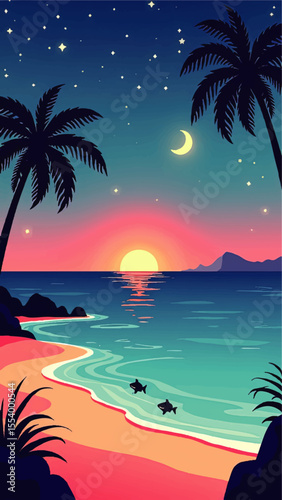 Tropical Beach Sunset Illustration with Palm Trees, Crescent Moon, Starry Sky, Vibrant Colors, and Calm Ocean Waves