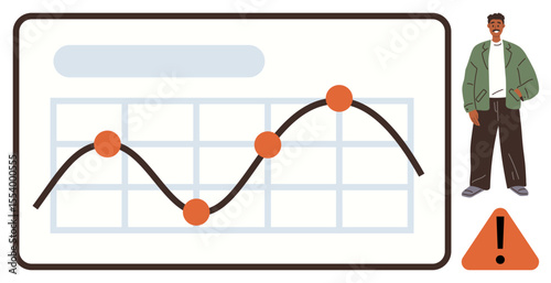 Data chart with fluctuating trend line and orange points, warning sign, casually dressed man observing. Ideal for data analysis, business risk, decision making, education, analytics, forecasting