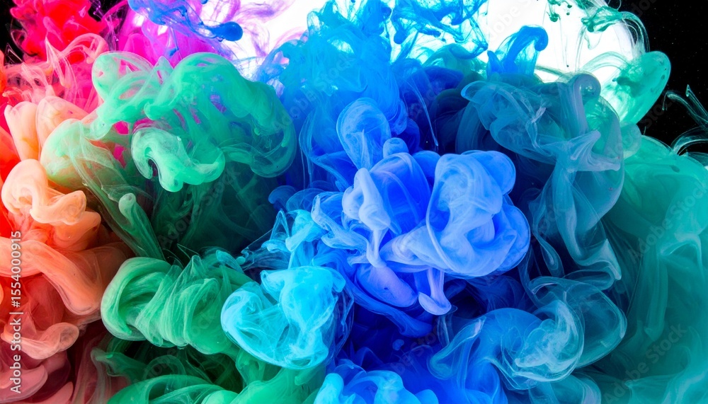 Fototapeta premium Thick colored smoke plumes swirl through oil, suspended in rich underwater glow and fluid bloom.