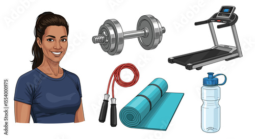 Woman standing next to gym equipment including dumbbell treadmill jump rope mat and water bottle items