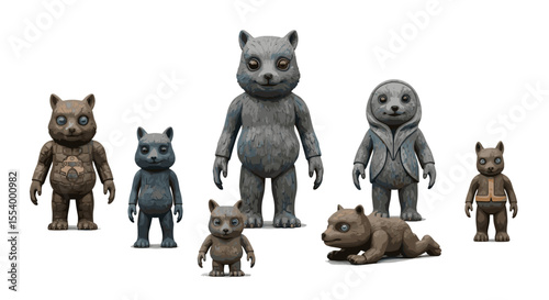A collection of seven stylized animal figures in varying poses and sizes on a white background space