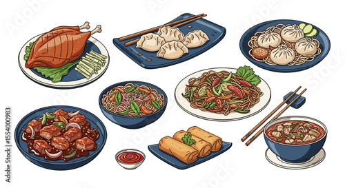 Illustration of various chinese dishes including roast duck dumplings noodles and spring rolls displayed