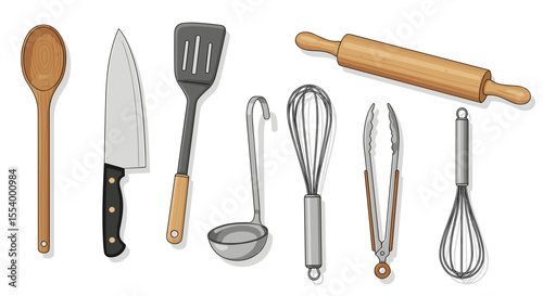 Illustration of various kitchen utensils including a spoon knife spatula and rolling pin in a row view
