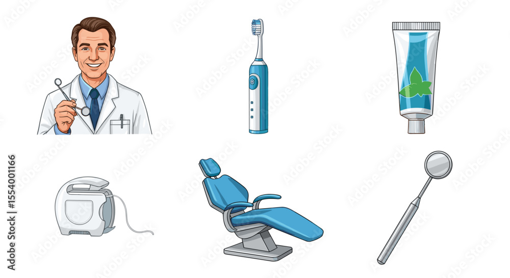 Fototapeta premium Illustration showcasing a dentist with dental tools, chair, floss, toothpaste, and toothbrush items present