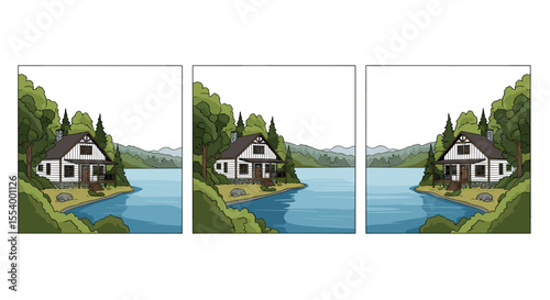 Three panels showing a cabin on a lake surrounded by trees with mountains in the background scene view