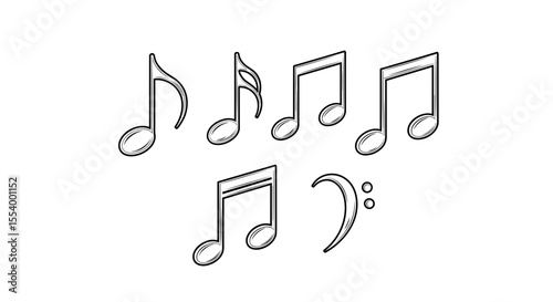Illustration of various musical notes and a bass clef symbol arranged on a white background design art