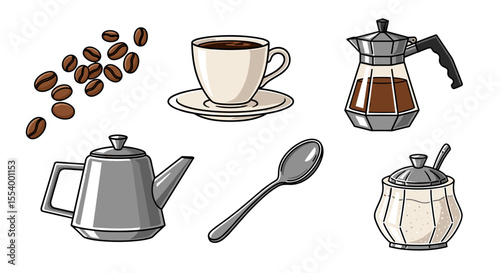 Illustration of coffee beans, cup, moka pot, coffee pot, spoon and sugar bowl on a white background