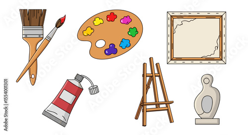 Illustration of art supplies featuring paintbrushes, palette, canvas, easel, paint tube and sculpture