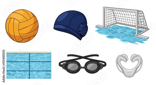 Illustration showcasing water polo equipment including ball cap goal pool goggles and nose clip item set