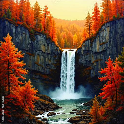 Majestic Autumn Waterfall in Vibrant Forest Canyon – Stunning Fall Landscape with Colorful Trees and Cascading River for Nature Art