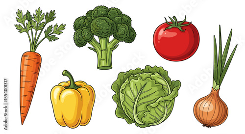Illustration of a carrot broccoli tomato pepper cabbage and onion arranged together in a group