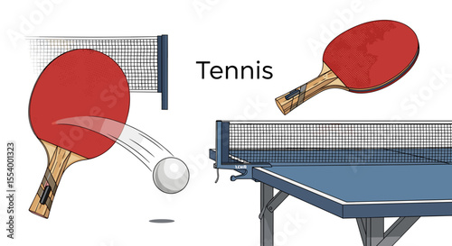 Illustration of table tennis scene with paddle striking ball near net and table setup displayed fully