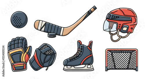 Illustration of hockey equipment including helmet stick puck gloves skates and net in cartoon style