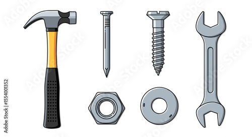 Illustration showing a hammer nail screw wrench nut and washer on a white background tools set