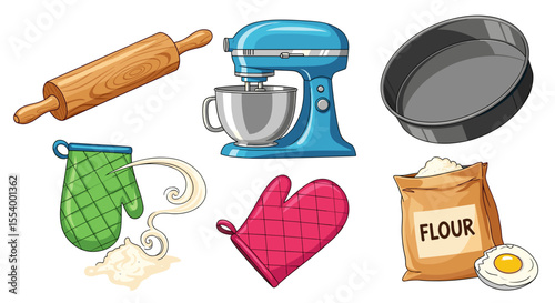 Illustration of baking tools including a rolling pin mixer cake pan oven mitts flour and an egg
