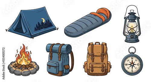 Illustration of camping gear including a tent, sleeping bag, lantern, campfire, backpacks and compass