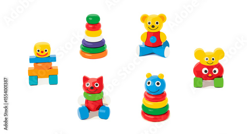 Arrangement of colorful wooden stacking toys featuring animal shapes and geometric ring towers on white