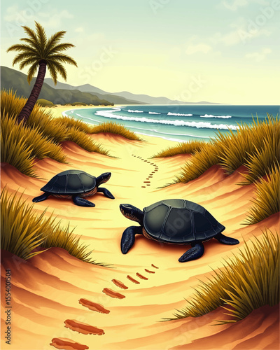 Sea Turtles Crawling on Sandy Beach at Sunrise, Tropical Coastline with Palm Tree and Ocean Waves, Serene Wildlife Nature Illustration