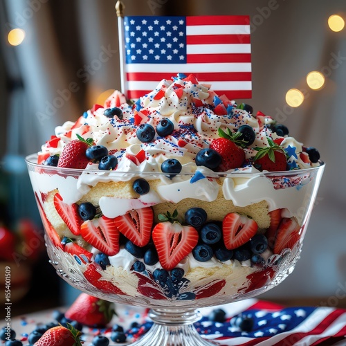 Patriotic trifle dessert featuring strawberries blueberries whipped cream and american flag decor displayed