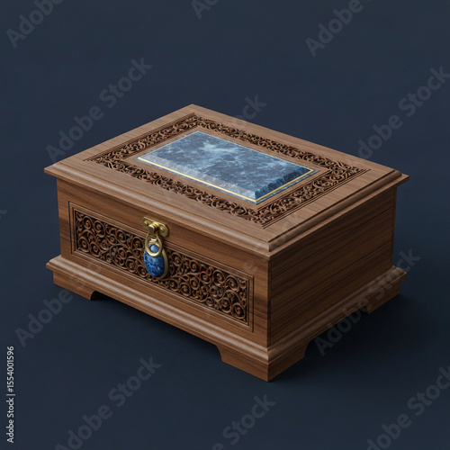 hand-carved wooden jewelry box with inlaid stone