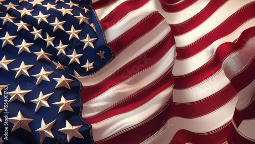 Close up of a waving american flag with stars and stripes in patriotic colors and fabric details