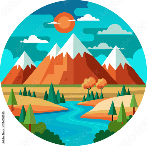 Bold flat landscape illustration for an eco-tourism campaign with white background.