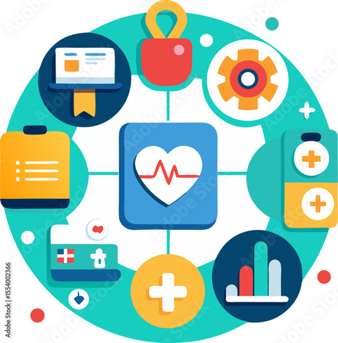 Bold flat icons set promoting a health app with white background.