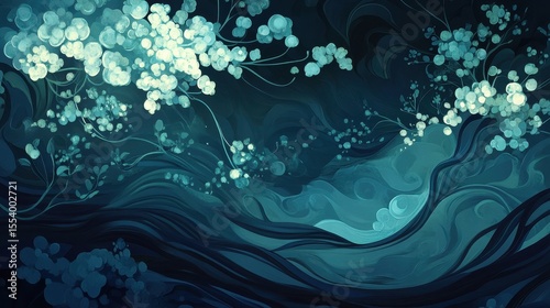 Deep teal floral landscape with glowing blossoms.