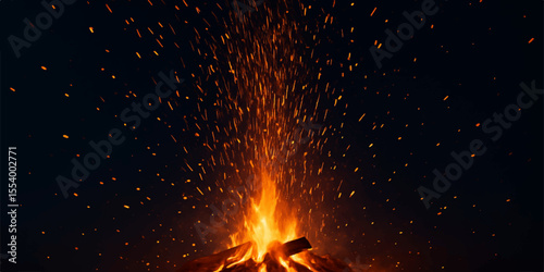 Abstract fiery orange and red flames glow in the dark night with smoke and intense heat