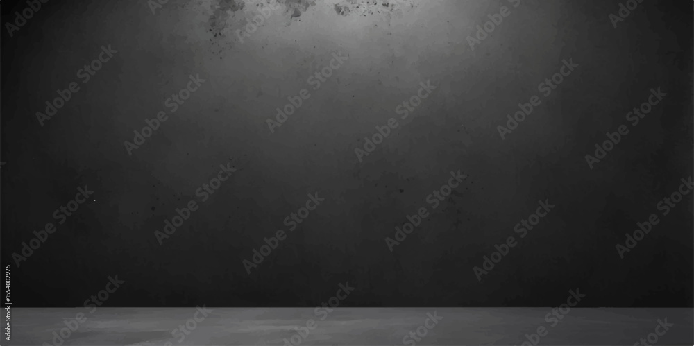 Dark, empty concrete room with a textured grunge wall and vintage black floor
