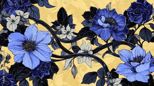Delicate floral design with vibrant blue and dark hues.