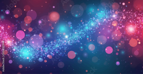 Abstract colourful bokeh circles glow brightly, creating a vibrant, festive design with a blurred, sparkling light backdrop perfect for a disco party night