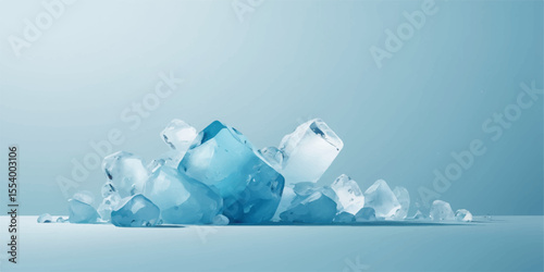 Melting ice cubes on a bright blue background create a cool, transparent abstract