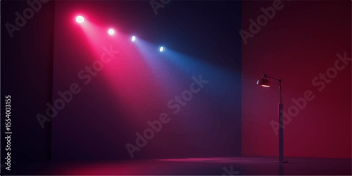 Bright spotlights illuminate a dark stage, creating an exciting show at a nightclub with vibrant disco lights and laser effects for a dynamic music event