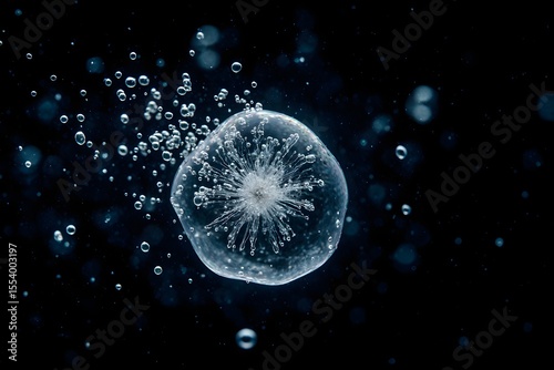 Captivating close-up shot of an ice bubble in mid-air, with a dark background and bubbles surrounding it. The ice bubble sparkles and its intricate details are highlighted.