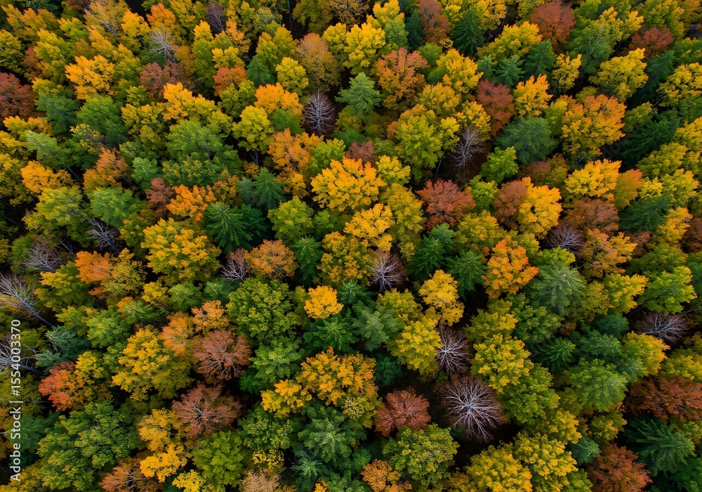 Naklejka premium Aerial view of colorful autumn forest canopy
