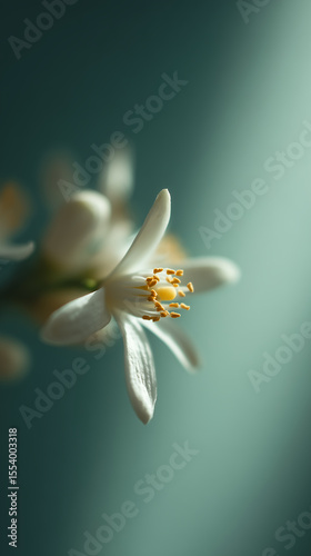 White orange blossom blooming in spring with teal background