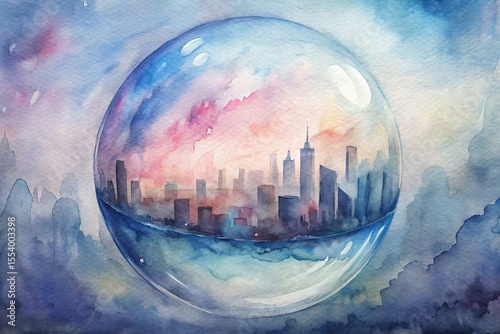 Cityscape Reflected in a Giant Transparent Bubble, Watercolor Painting