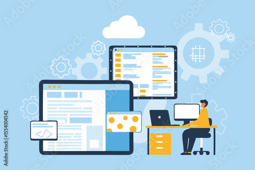 Description: A person is sitting at a desk working on a computer. The screen displays code, indicating programming or web development. Surrounding elements include icons for coding (e.g., brackets), d