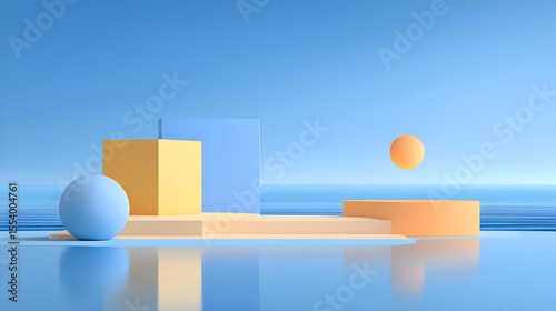 Minimalist Modern 3D Composition with Geometric Shapes in Blue and Yellow Tones Reflecting on a Clean Surface under a Clear Sky.