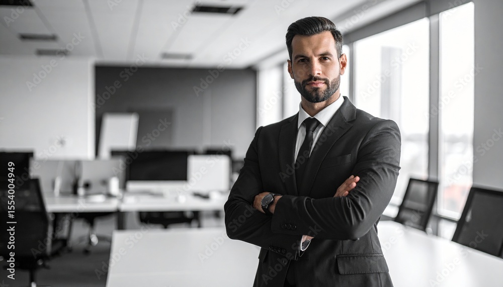 Fototapeta premium Black & white tone office blurred background, man in polite posture with hands gathered from right
