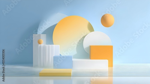 Minimalist Modern 3D Composition with Geometric Shapes in Blue and Yellow Tones Reflecting on a Clean Surface under a Clear Sky.