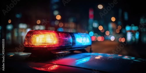 Flashing emergency lights atop a vehicle at night, city blurred background