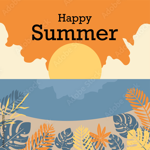 Summer on the beach sunset and floral Vector flat style