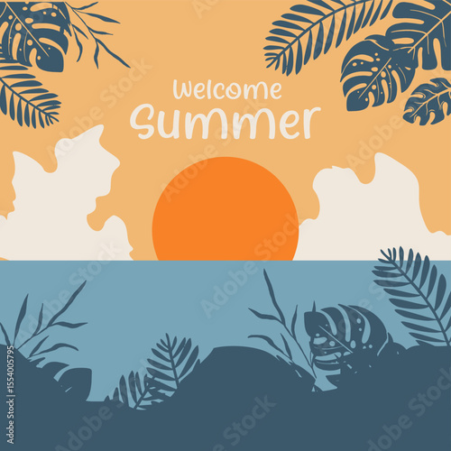 Summer Vibe on the beach sunset and floral Vector flat style