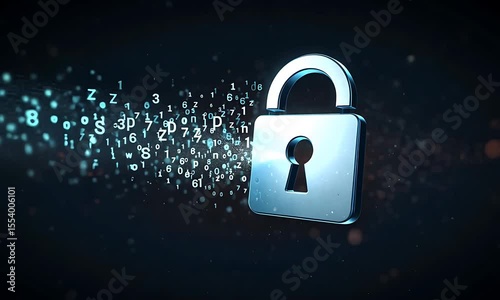 A digital padlock symbolizing cybersecurity, with data streams flowing in the background, representing protection