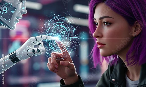 A futuristic interaction between a woman with purple hair and a robotic hand, showcasing technology's impact on human connection in a vibrant, high-tech environment