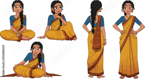 Cartoon Woman in Sari - Diverse Poses & Traditional Attire