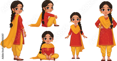 Cartoon Girl in Traditional Indian Attire - Diverse Poses