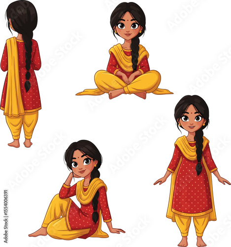 Cartoon Girl in Traditional Indian Attire - Diverse Poses